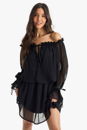 Chiffon Bardot Dropped Waist Mini Dress black