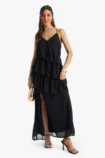 Black Chiffon Ruffle Cross Back Midaxi Dress