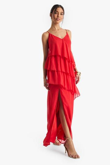 Chiffon Ruffle Cross Back Midaxi Dress red