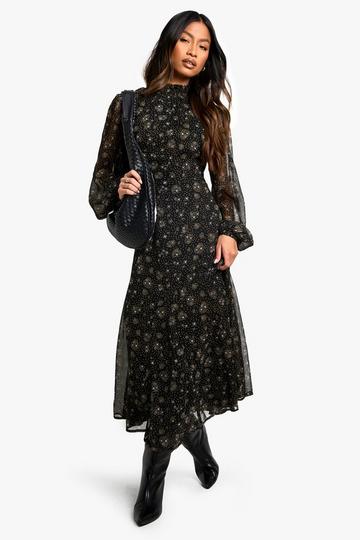 Ditsy Floral Chiffon High Neck Midaxi Dress black