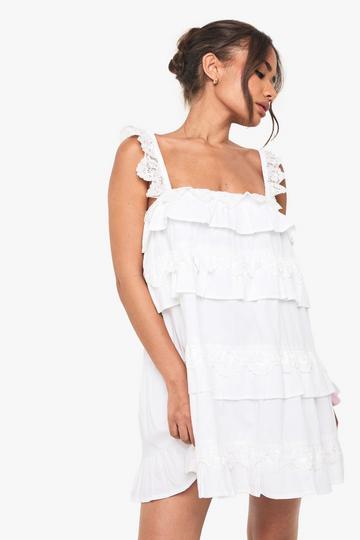 Cotton Layered Ruffle Smock Mini Dress white