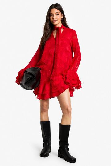 Burnout Floral Ruffle Smock Dress red