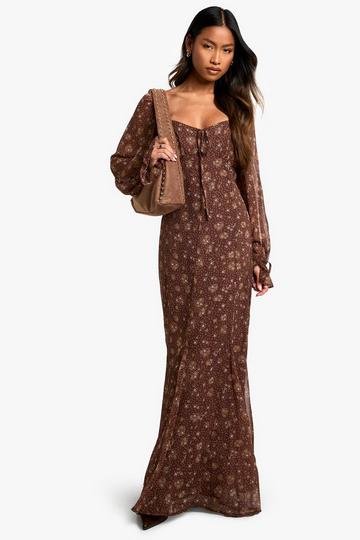 Ditsy Floral Crinkle Chiffon Milkmaid Maxi Dress chocolate