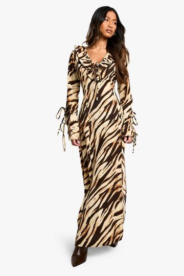 Zebra Textured Ruffle Shift Maxi Dress chocolate