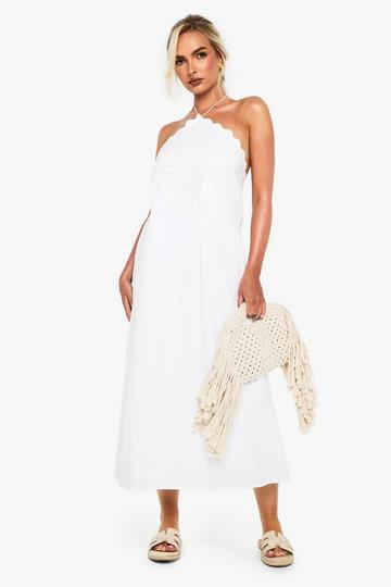 Cotton Crotchet Trim Halterneck Midaxi Dress white