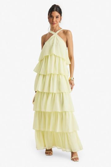 Chiffon Tiered Halterneck Maxi Dress lemon