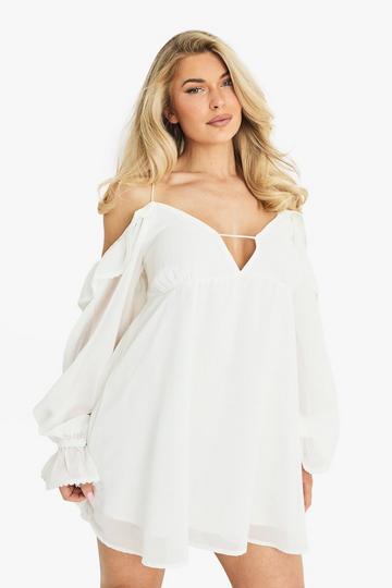 Chiffon Cold Shoulder Layered Mini Dress ecru