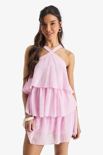 Chiffon Mini Jurk Met Halter Neck En Laagjes light pink