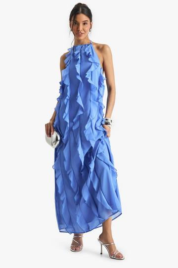 Blue Chiffon Halterneck Ruffle Maxi Dress