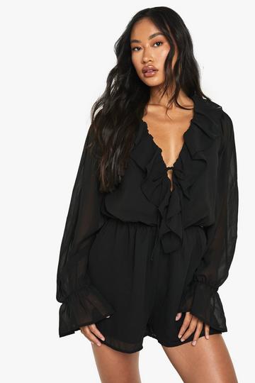 Chiffon Long Sleeve Ruffle Playsuit black