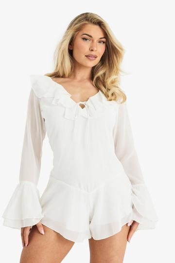 Chiffon Ruffle Godet Hem Playsuit ecru