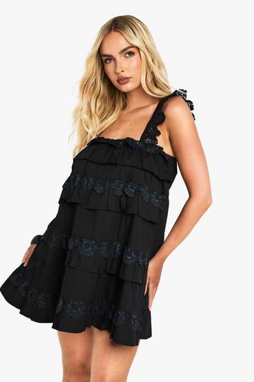 Cotton Layered Ruffle Smock Mini Dress black
