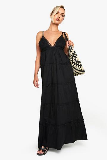 Embroidered Ruffle Cotton Maxi Dress black
