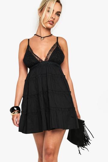 Embroidered Ruffle Cotton Mini Dress black
