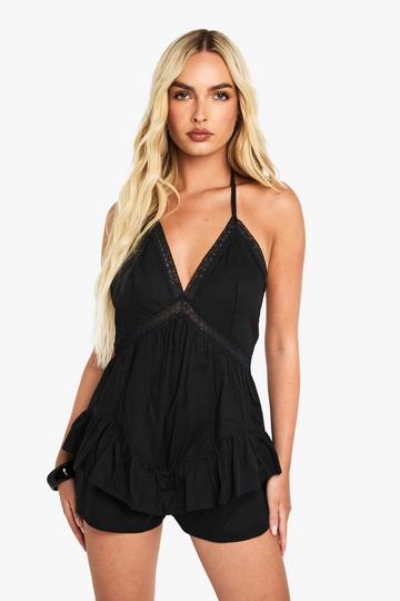 Cotton Halterneck Ruffle Lace Trim Playsuit black