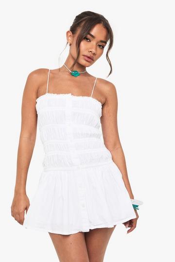 Cotton Shirred Bandeau Button Mini Dress white