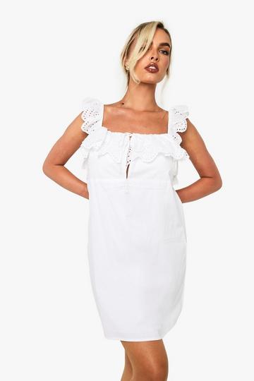 Cotton Ruffle Crochet Smock Mini Dress white