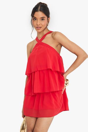 Chiffon Halterneck Layered Mini Dress red