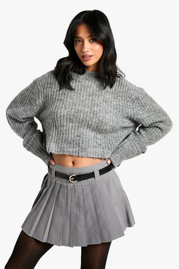 Petite Belt Detail Pleated Woven Mini Skirt grey