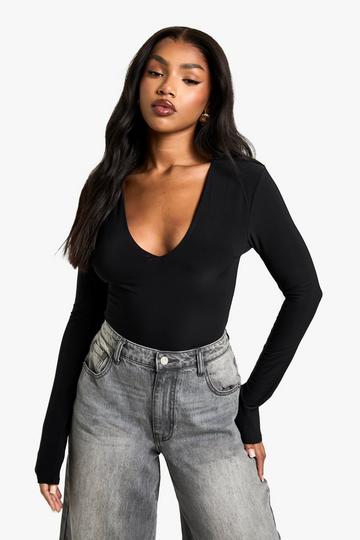 Double Layer Slinky Plunge Front Long Sleeve Bodysuit black