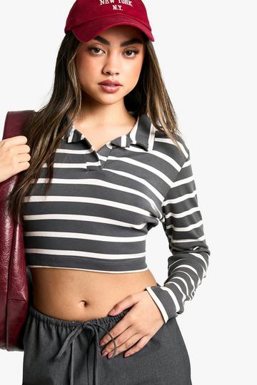 STRIPED COLLAR LONG SLEEVE CROP TOP grey