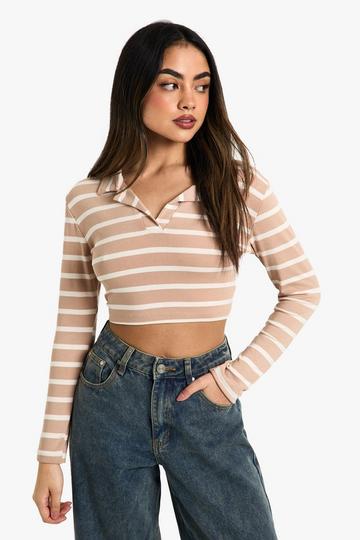 Navy STRIPED COLLAR LONG SLEEVE CROP TOP