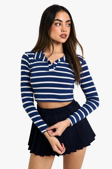 STRIPED COLLAR LONG SLEEVE CROP TOP cream