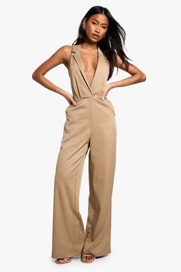 Stone Beige Tailored Plunge Wide Leg Jumpsuit