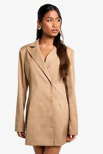 Stone Beige Structured Oversized Wrap Over Blazer Dress