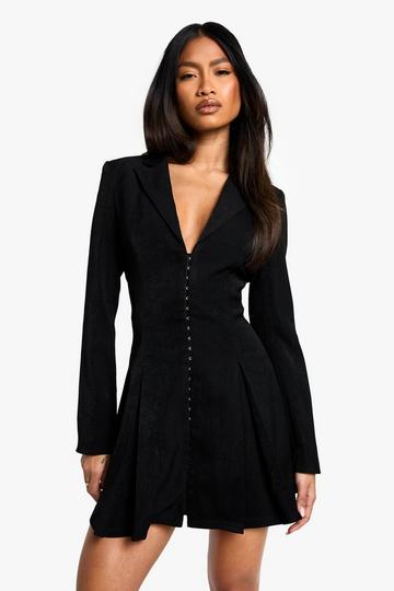 Tailored Hook & Eye Detail Cinched Waist Blazer dress black