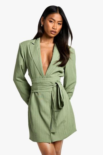 Textured Tailored Belt Detail Blazer dress sage