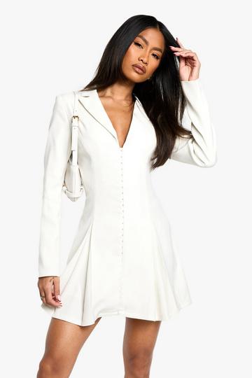 White Tailored Hook & Eye Detail Cinched Waist Blazer dress