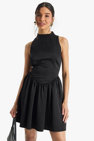 Premium Satin High Neck Volume Mini Dress black