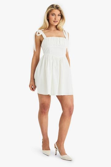 Cotton Ruched Bust Shoulder Tie Mini Dress white