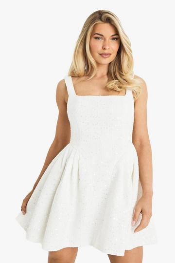 Premium Sequin Boucle Skater Mini Dress white