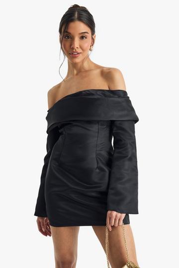 Black Satin Structured Bardot Mini Dress