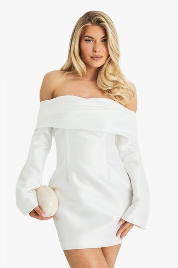 Satin Structured Bardot Mini Dress white