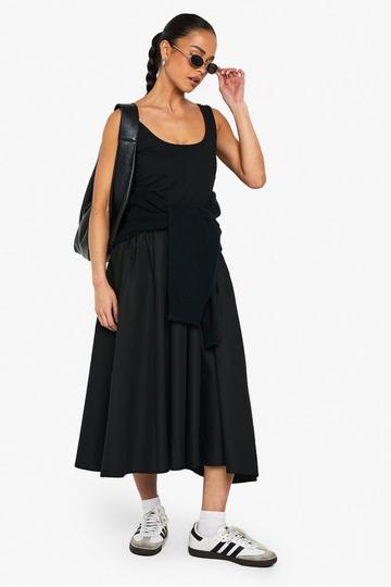 Ribbed Scoop Neck Mixed Fabric Smock Midaxi Dress black