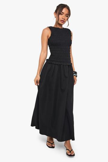 Racer Neck Shirred Drop Waist Midaxi Dress black