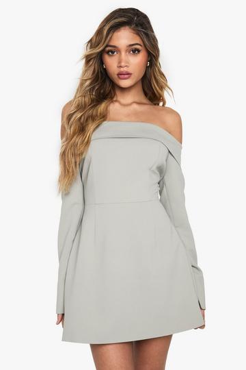 Getailleerde Off Shoulder Mini Skater Jurk Met Structuur sage