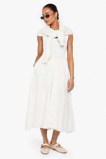 Ribbed Scoop Neck Mixed Fabric Smock Midaxi Dress white