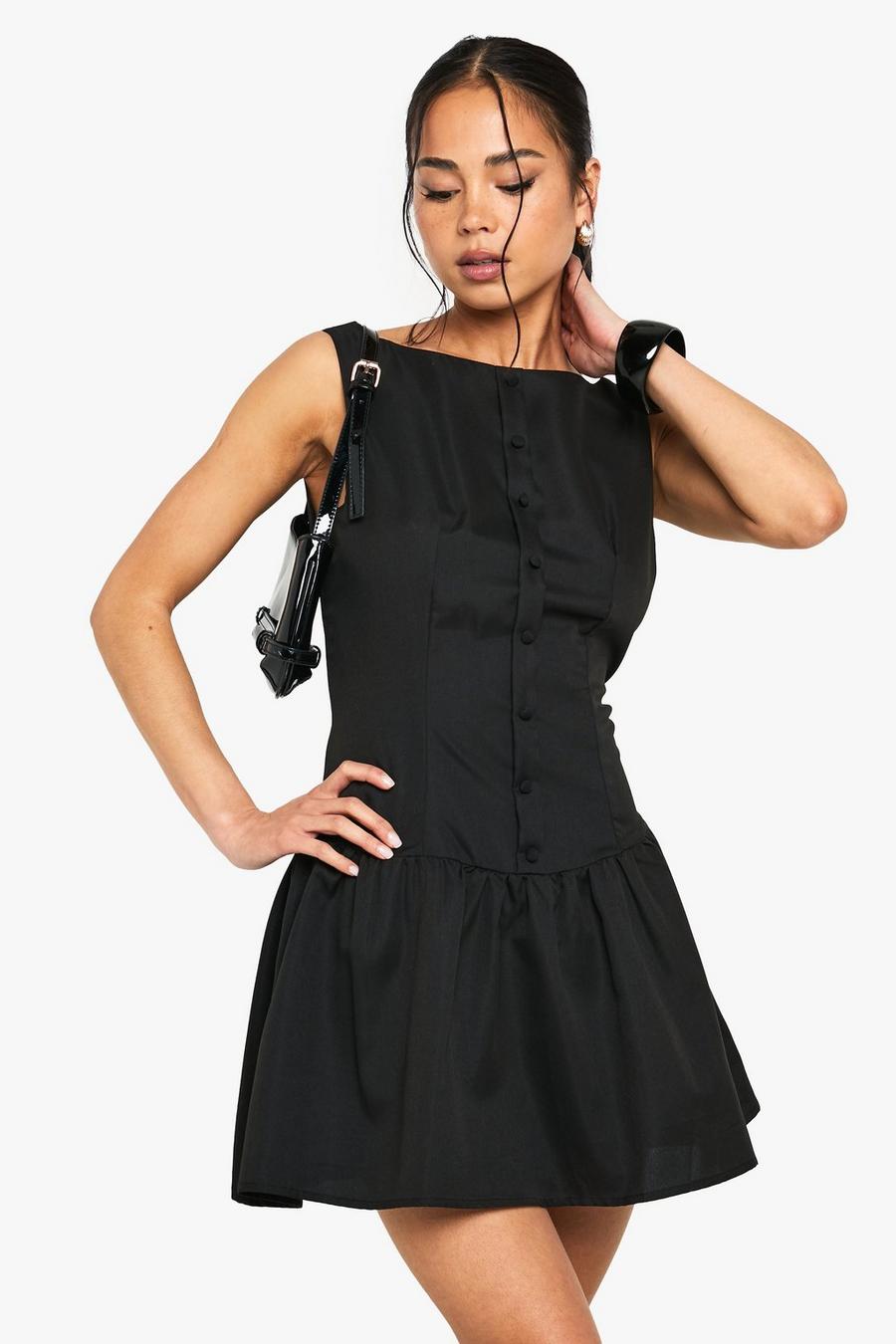 Slash Neck Button Detail Mini Dress | boohoo USA Slash Neck Button Detail Mini Dress | boohoo USA