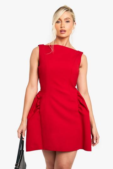 Slash Neck Full Skirt Mini Dress red