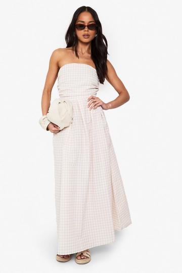 Gingham Ruched Bandeau Midaxi Dress stone