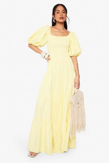 Lemon Yellow Extreme Puff Sleeve Shirred Maxi Smock Dress