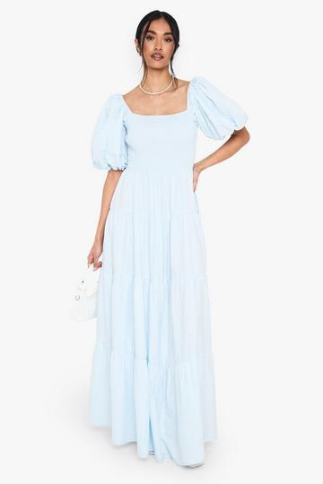 Extreme Puff Sleeve Shirred Maxi Smock Dress pale blue