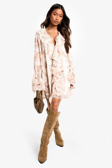 Floral Chiffon Ruffle Shift Dress cream