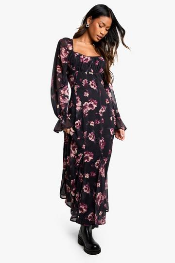 Floral Milkmaid Godet Hem Midaxi Dress black