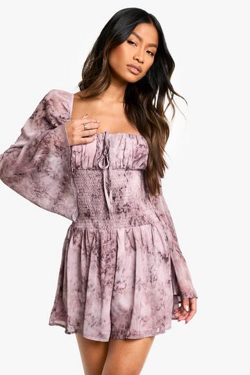 Floral Shirred Chiffon Playsuit mauve