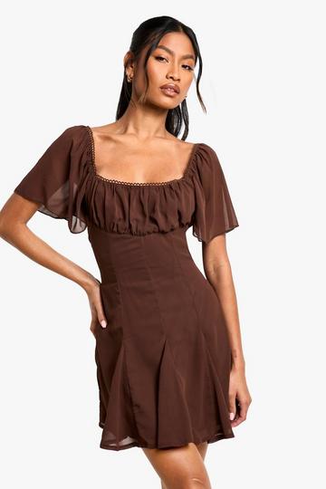 Chiffon Milkmaid Godet Hem Mini Dress chocolate